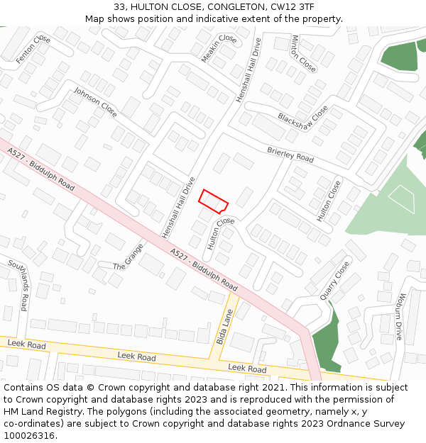 33, HULTON CLOSE, CONGLETON, CW12 3TF: Location map and indicative extent of plot