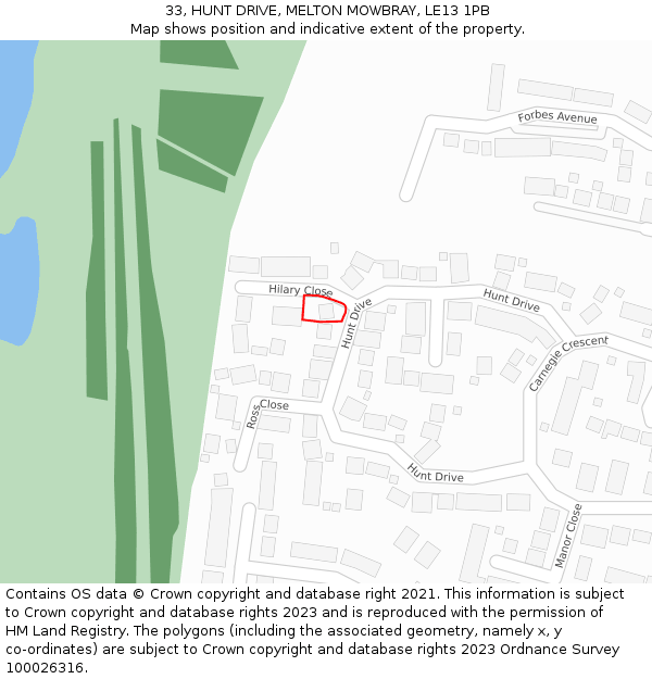 33, HUNT DRIVE, MELTON MOWBRAY, LE13 1PB: Location map and indicative extent of plot