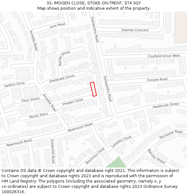 33, IMOGEN CLOSE, STOKE-ON-TRENT, ST4 3QY: Location map and indicative extent of plot