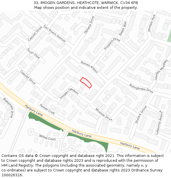 33, IMOGEN GARDENS, HEATHCOTE, WARWICK, CV34 6FB: Location map and indicative extent of plot