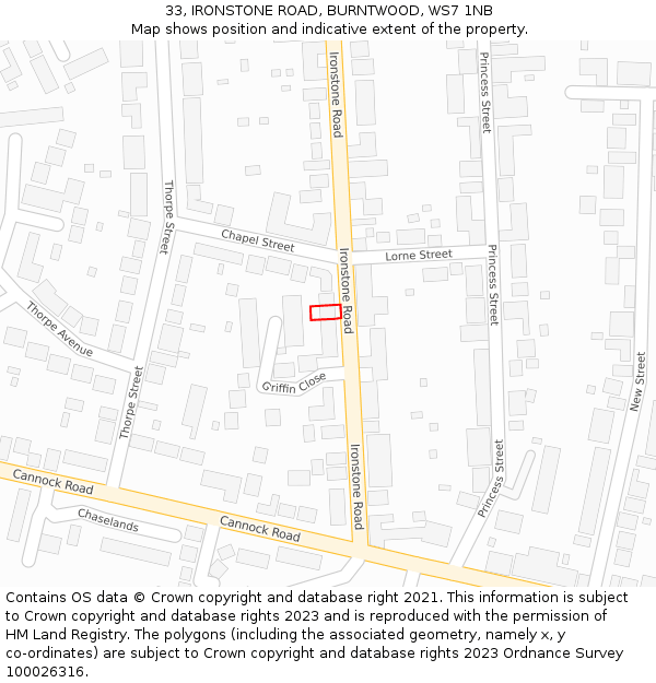 33, IRONSTONE ROAD, BURNTWOOD, WS7 1NB: Location map and indicative extent of plot