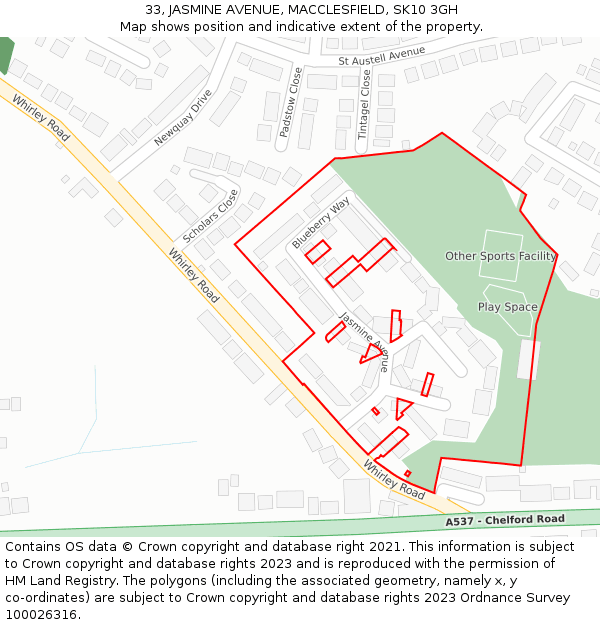 33, JASMINE AVENUE, MACCLESFIELD, SK10 3GH: Location map and indicative extent of plot