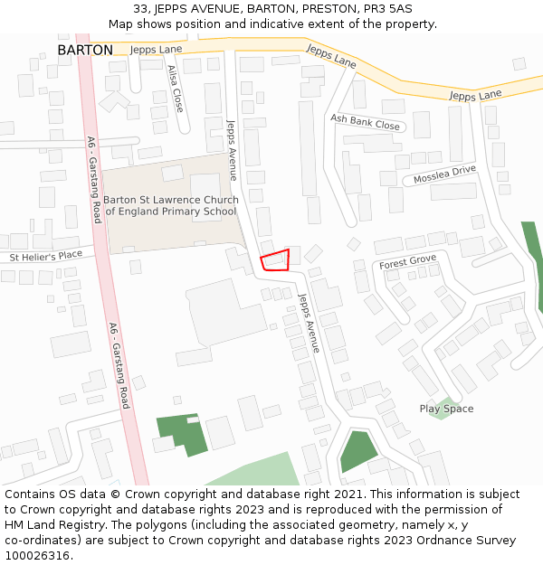 33, JEPPS AVENUE, BARTON, PRESTON, PR3 5AS: Location map and indicative extent of plot