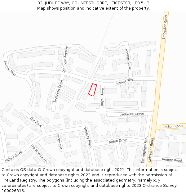 33, JUBILEE WAY, COUNTESTHORPE, LEICESTER, LE8 5UB: Location map and indicative extent of plot