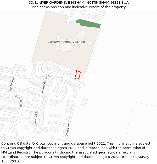 33, JUNIPER GARDENS, BINGHAM, NOTTINGHAM, NG13 8UA: Location map and indicative extent of plot