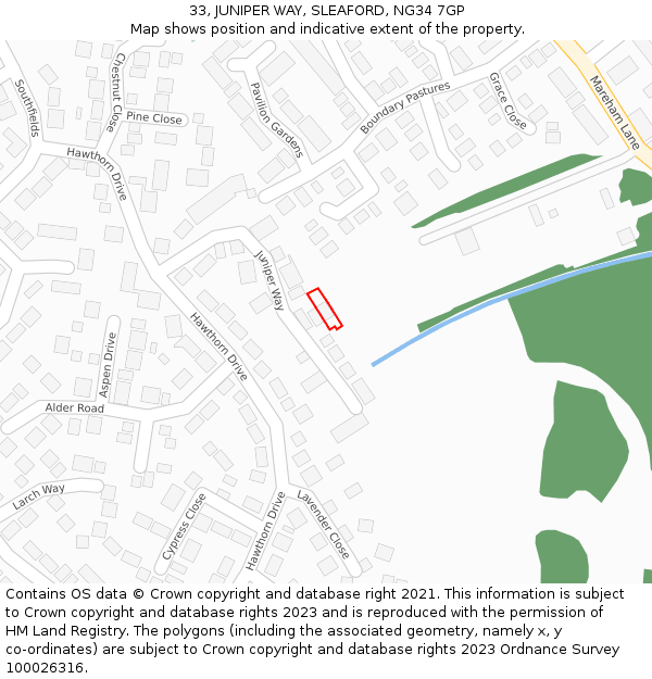 33, JUNIPER WAY, SLEAFORD, NG34 7GP: Location map and indicative extent of plot