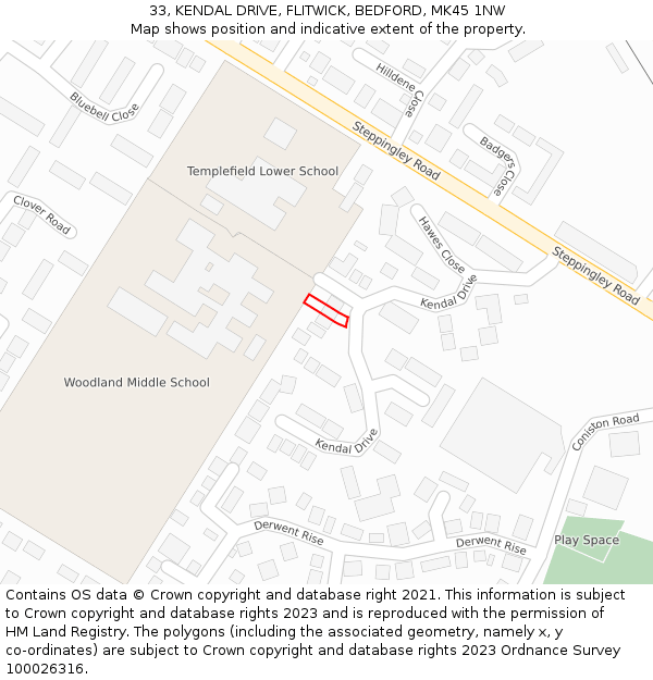 33, KENDAL DRIVE, FLITWICK, BEDFORD, MK45 1NW: Location map and indicative extent of plot