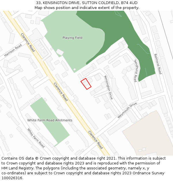 33, KENSINGTON DRIVE, SUTTON COLDFIELD, B74 4UD: Location map and indicative extent of plot