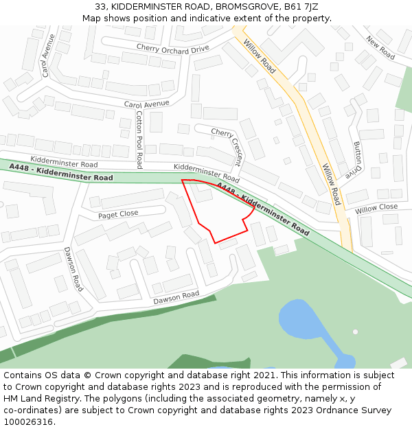 33, KIDDERMINSTER ROAD, BROMSGROVE, B61 7JZ: Location map and indicative extent of plot