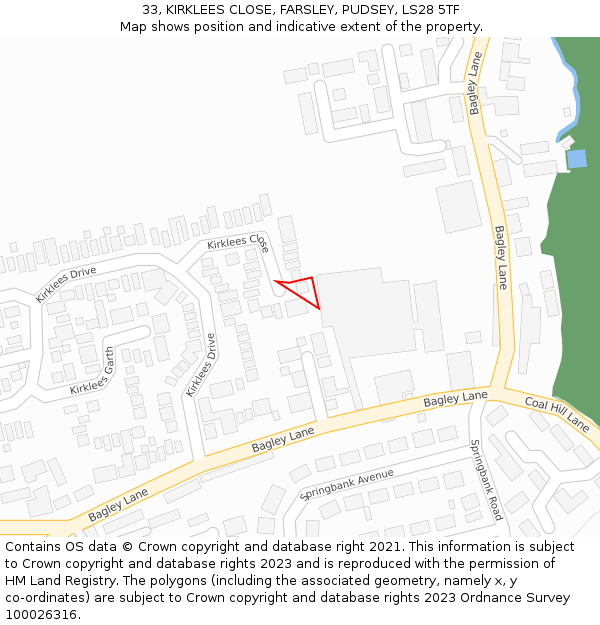 33, KIRKLEES CLOSE, FARSLEY, PUDSEY, LS28 5TF: Location map and indicative extent of plot