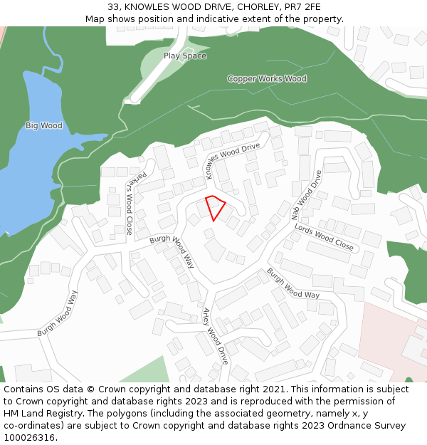 33, KNOWLES WOOD DRIVE, CHORLEY, PR7 2FE: Location map and indicative extent of plot