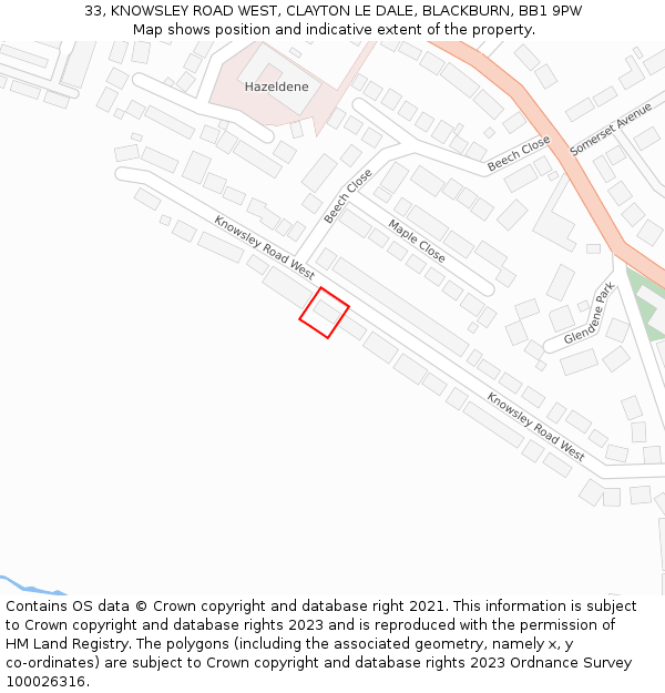 33, KNOWSLEY ROAD WEST, CLAYTON LE DALE, BLACKBURN, BB1 9PW: Location map and indicative extent of plot