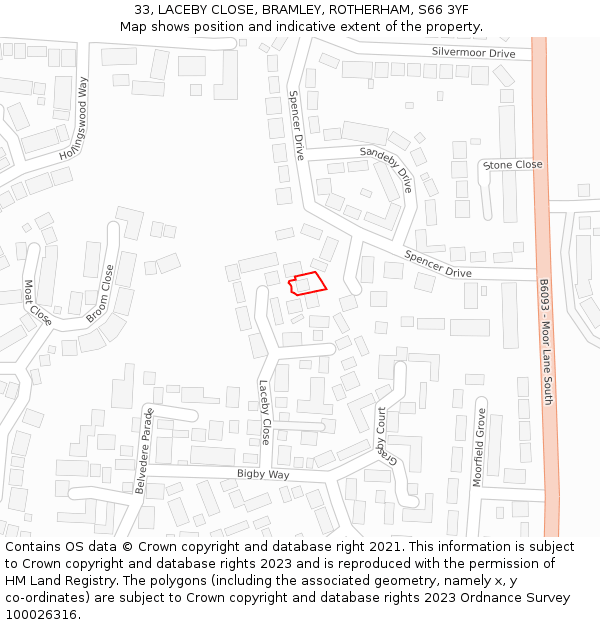 33, LACEBY CLOSE, BRAMLEY, ROTHERHAM, S66 3YF: Location map and indicative extent of plot