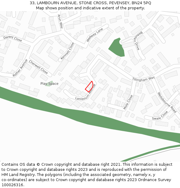 33, LAMBOURN AVENUE, STONE CROSS, PEVENSEY, BN24 5PQ: Location map and indicative extent of plot