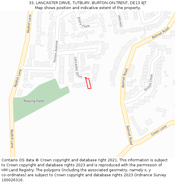 33, LANCASTER DRIVE, TUTBURY, BURTON-ON-TRENT, DE13 9JT: Location map and indicative extent of plot