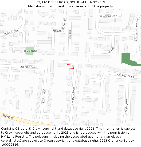 33, LANDSEER ROAD, SOUTHWELL, NG25 0LX: Location map and indicative extent of plot