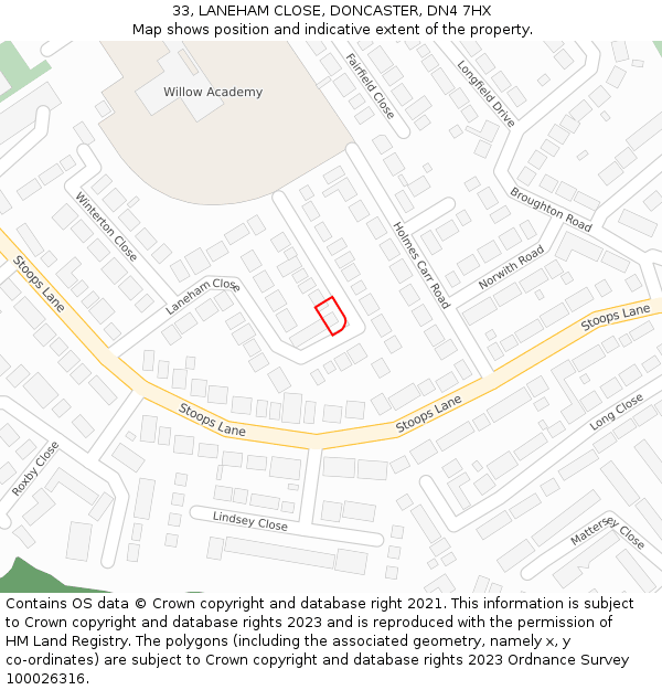 33, LANEHAM CLOSE, DONCASTER, DN4 7HX: Location map and indicative extent of plot