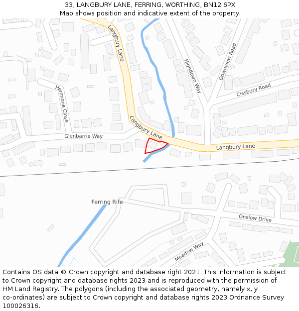 33, LANGBURY LANE, FERRING, WORTHING, BN12 6PX: Location map and indicative extent of plot