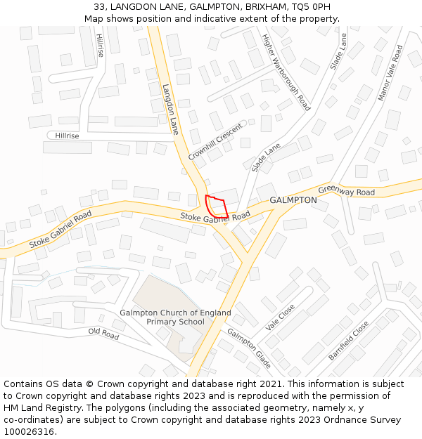 33, LANGDON LANE, GALMPTON, BRIXHAM, TQ5 0PH: Location map and indicative extent of plot