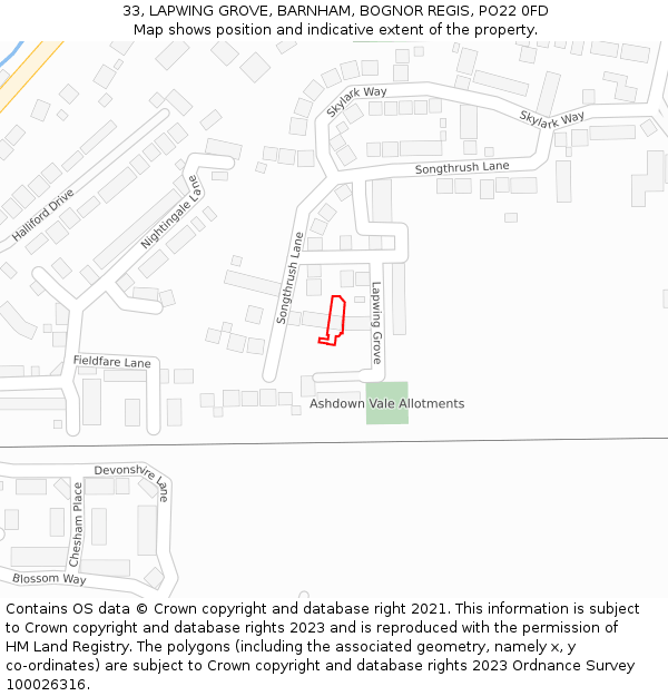 33, LAPWING GROVE, BARNHAM, BOGNOR REGIS, PO22 0FD: Location map and indicative extent of plot