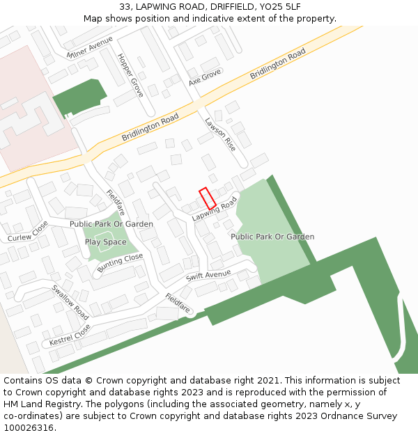 33, LAPWING ROAD, DRIFFIELD, YO25 5LF: Location map and indicative extent of plot
