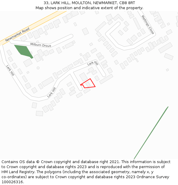 33, LARK HILL, MOULTON, NEWMARKET, CB8 8RT: Location map and indicative extent of plot