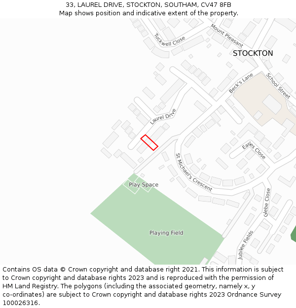 33, LAUREL DRIVE, STOCKTON, SOUTHAM, CV47 8FB: Location map and indicative extent of plot