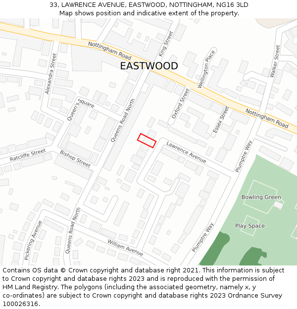 33, LAWRENCE AVENUE, EASTWOOD, NOTTINGHAM, NG16 3LD: Location map and indicative extent of plot