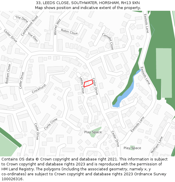 33, LEEDS CLOSE, SOUTHWATER, HORSHAM, RH13 9XN: Location map and indicative extent of plot