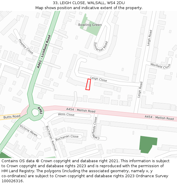33, LEIGH CLOSE, WALSALL, WS4 2DU: Location map and indicative extent of plot