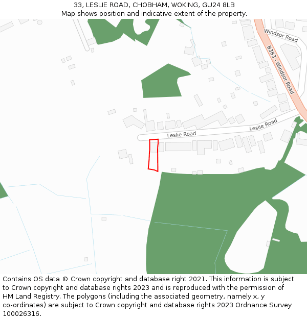 33, LESLIE ROAD, CHOBHAM, WOKING, GU24 8LB: Location map and indicative extent of plot