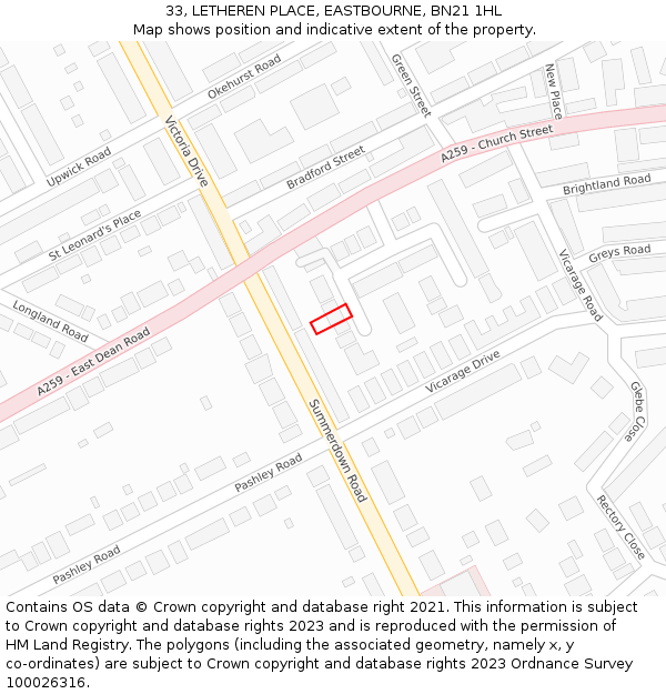 33, LETHEREN PLACE, EASTBOURNE, BN21 1HL: Location map and indicative extent of plot