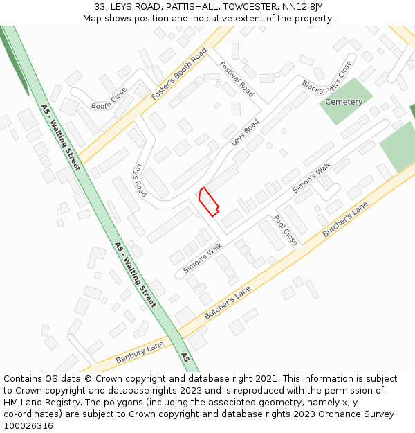 33, LEYS ROAD, PATTISHALL, TOWCESTER, NN12 8JY: Location map and indicative extent of plot