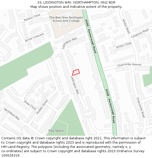 33, LIDDINGTON WAY, NORTHAMPTON, NN2 8DR: Location map and indicative extent of plot