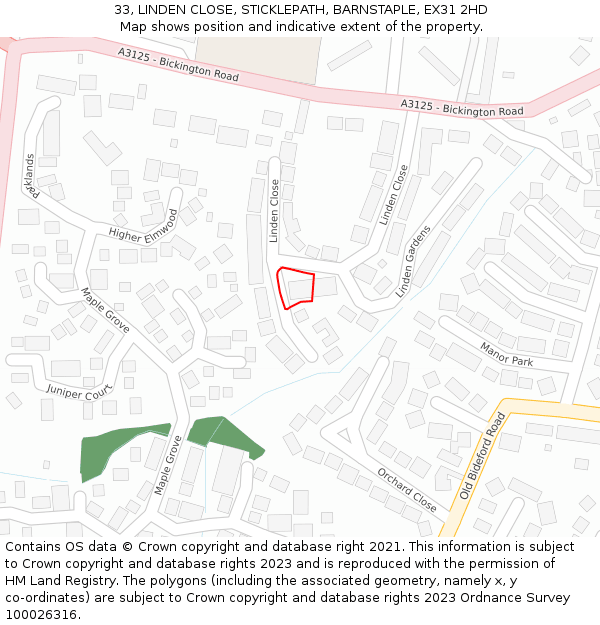 33, LINDEN CLOSE, STICKLEPATH, BARNSTAPLE, EX31 2HD: Location map and indicative extent of plot