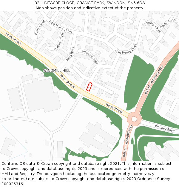 33, LINEACRE CLOSE, GRANGE PARK, SWINDON, SN5 6DA: Location map and indicative extent of plot