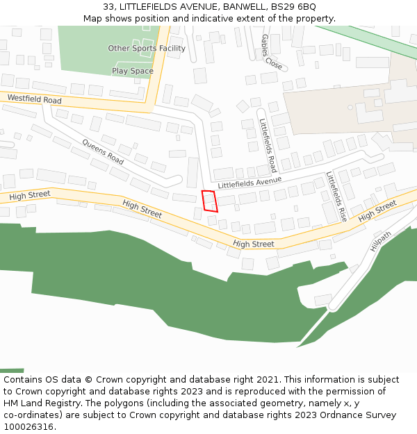 33, LITTLEFIELDS AVENUE, BANWELL, BS29 6BQ: Location map and indicative extent of plot