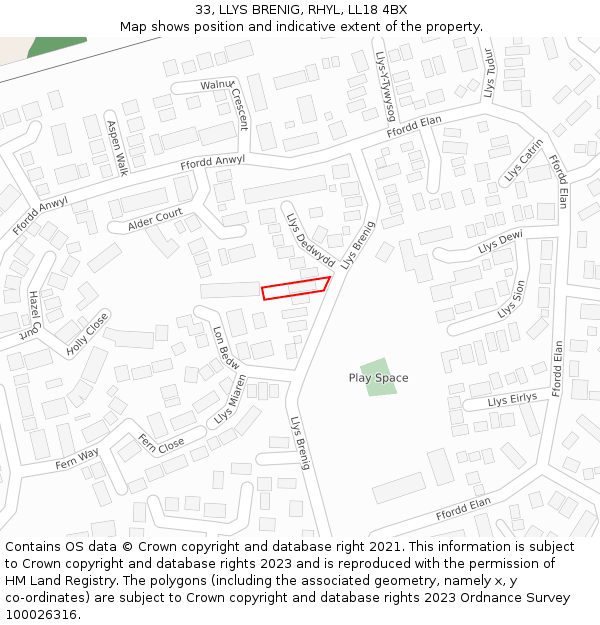 33, LLYS BRENIG, RHYL, LL18 4BX: Location map and indicative extent of plot