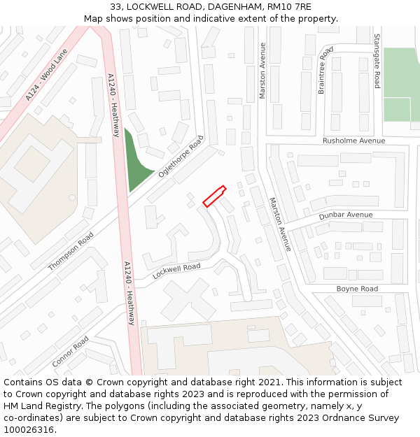 33, LOCKWELL ROAD, DAGENHAM, RM10 7RE: Location map and indicative extent of plot