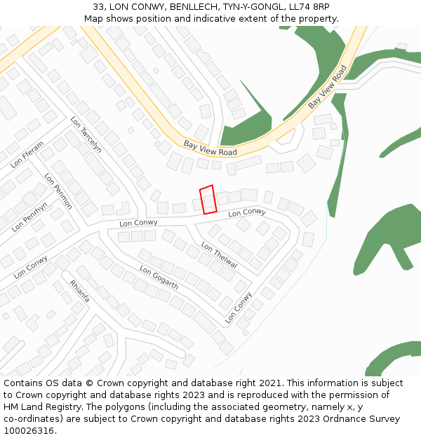 33, LON CONWY, BENLLECH, TYN-Y-GONGL, LL74 8RP: Location map and indicative extent of plot