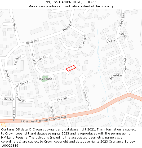 33, LON HAFREN, RHYL, LL18 4FE: Location map and indicative extent of plot