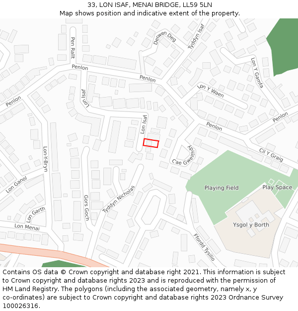 33, LON ISAF, MENAI BRIDGE, LL59 5LN: Location map and indicative extent of plot