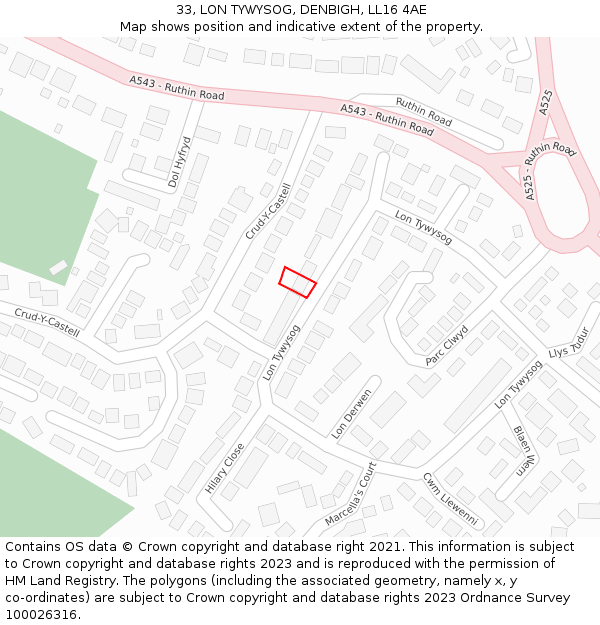 33, LON TYWYSOG, DENBIGH, LL16 4AE: Location map and indicative extent of plot