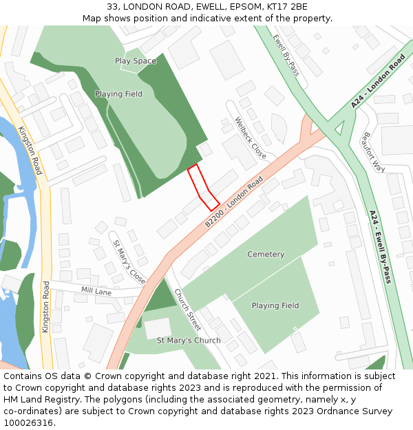 33, LONDON ROAD, EWELL, EPSOM, KT17 2BE: Location map and indicative extent of plot