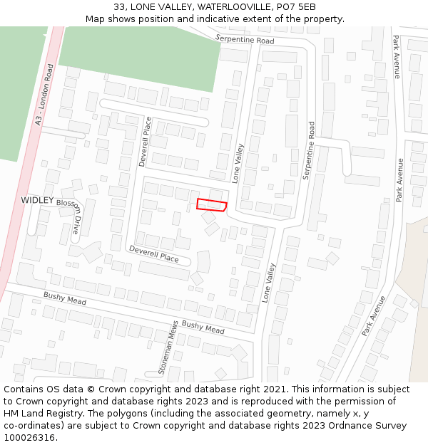 33, LONE VALLEY, WATERLOOVILLE, PO7 5EB: Location map and indicative extent of plot