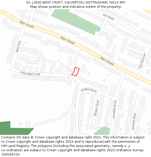 33, LONG WEST CROFT, CALVERTON, NOTTINGHAM, NG14 6PY: Location map and indicative extent of plot