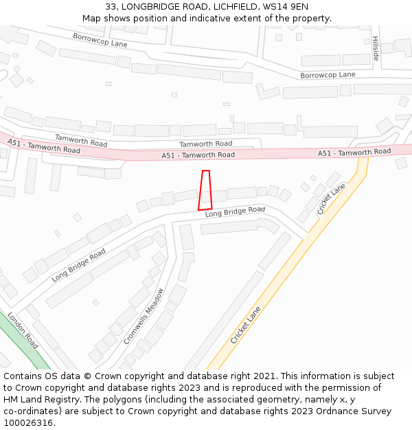 33, LONGBRIDGE ROAD, LICHFIELD, WS14 9EN: Location map and indicative extent of plot