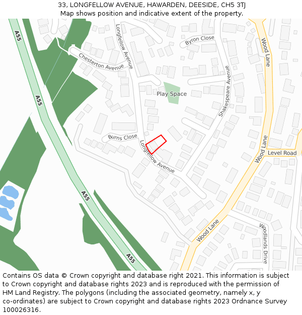 33, LONGFELLOW AVENUE, HAWARDEN, DEESIDE, CH5 3TJ: Location map and indicative extent of plot