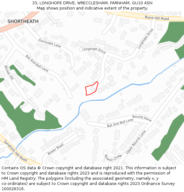 33, LONGHOPE DRIVE, WRECCLESHAM, FARNHAM, GU10 4SN: Location map and indicative extent of plot