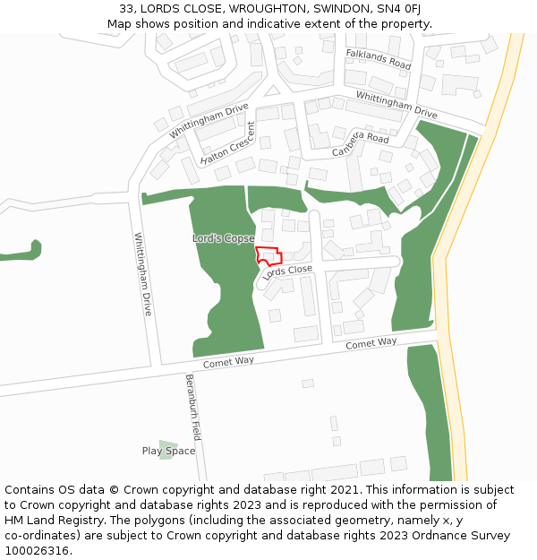 33, LORDS CLOSE, WROUGHTON, SWINDON, SN4 0FJ: Location map and indicative extent of plot